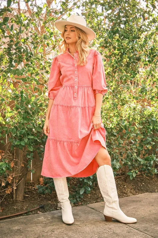 Garment Washed Chevron Yoke Midi Denim Dress Hot Pink