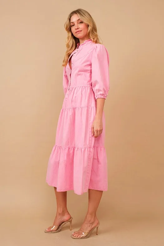 Garment Washed Chevron Yoke Midi Denim Dress Hot Pink