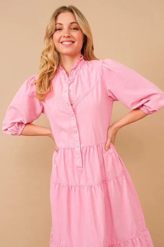 Garment Washed Chevron Yoke Midi Denim Dress Hot Pink