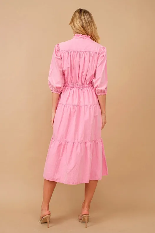 Garment Washed Chevron Yoke Midi Denim Dress Hot Pink