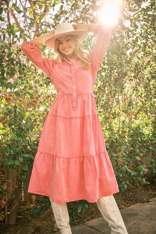 Garment Washed Chevron Yoke Midi Denim Dress Hot Pink