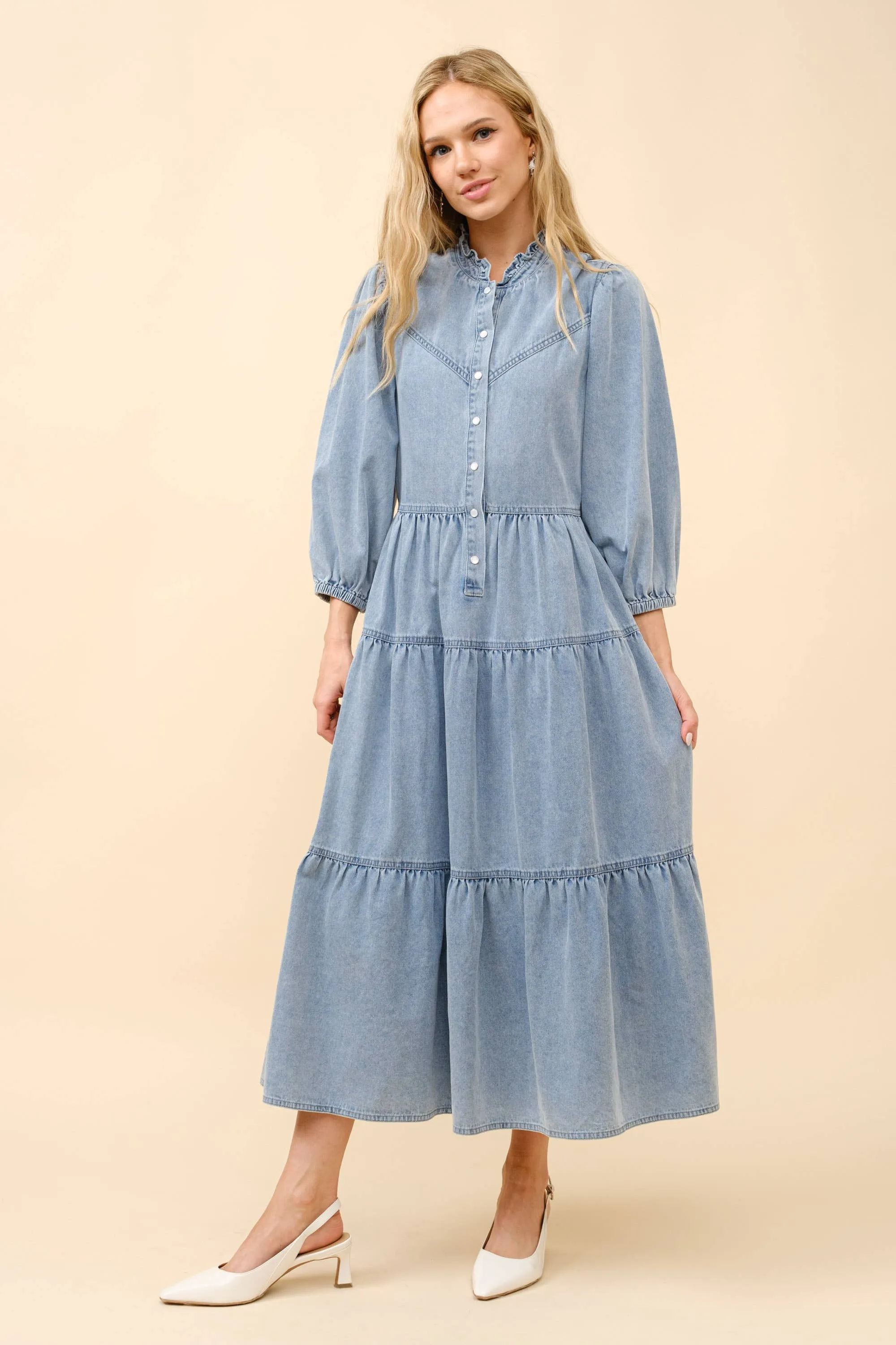 Garment Washed Chevron Yoke Midi Denim Dress