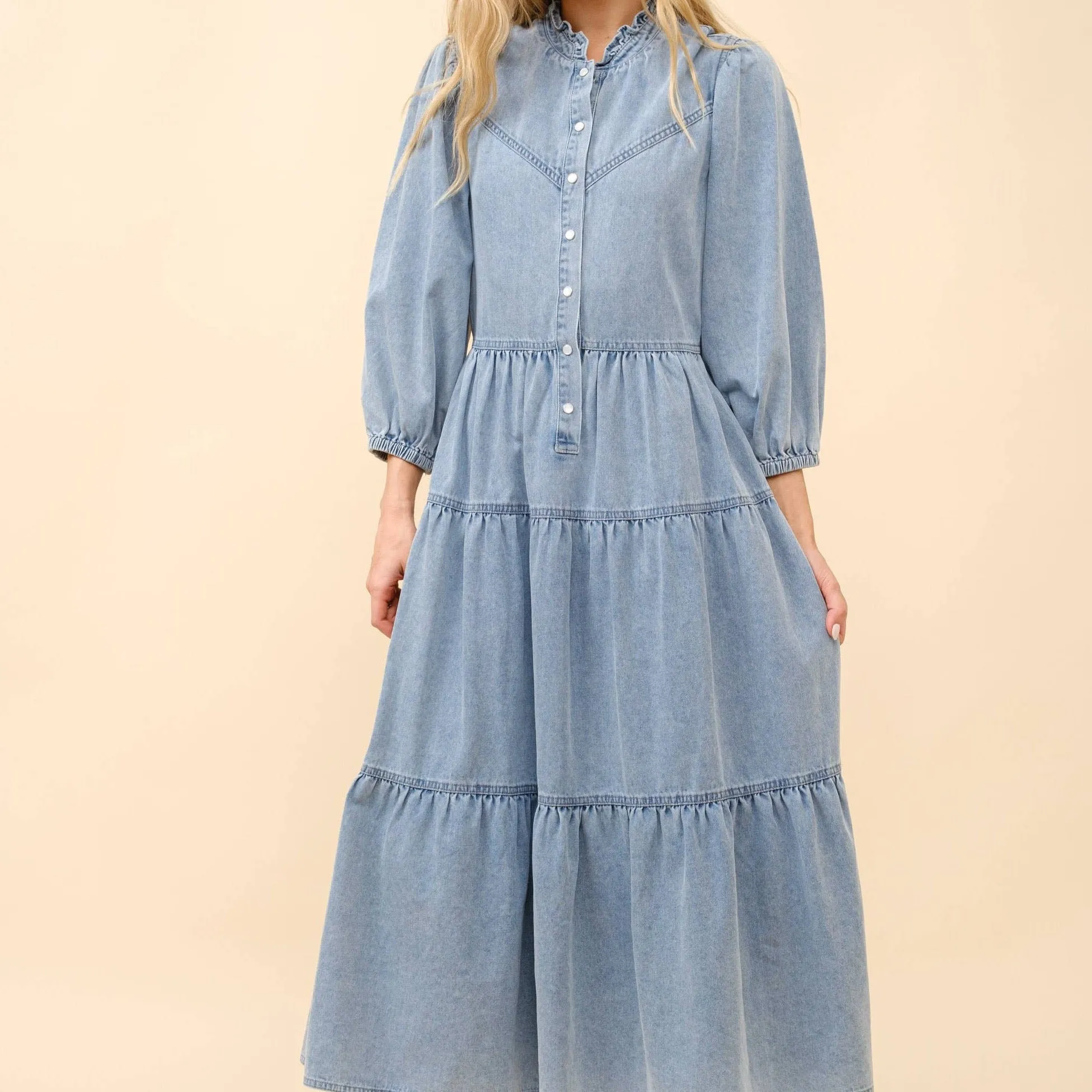 Garment Washed Chevron Yoke Midi Denim Dress