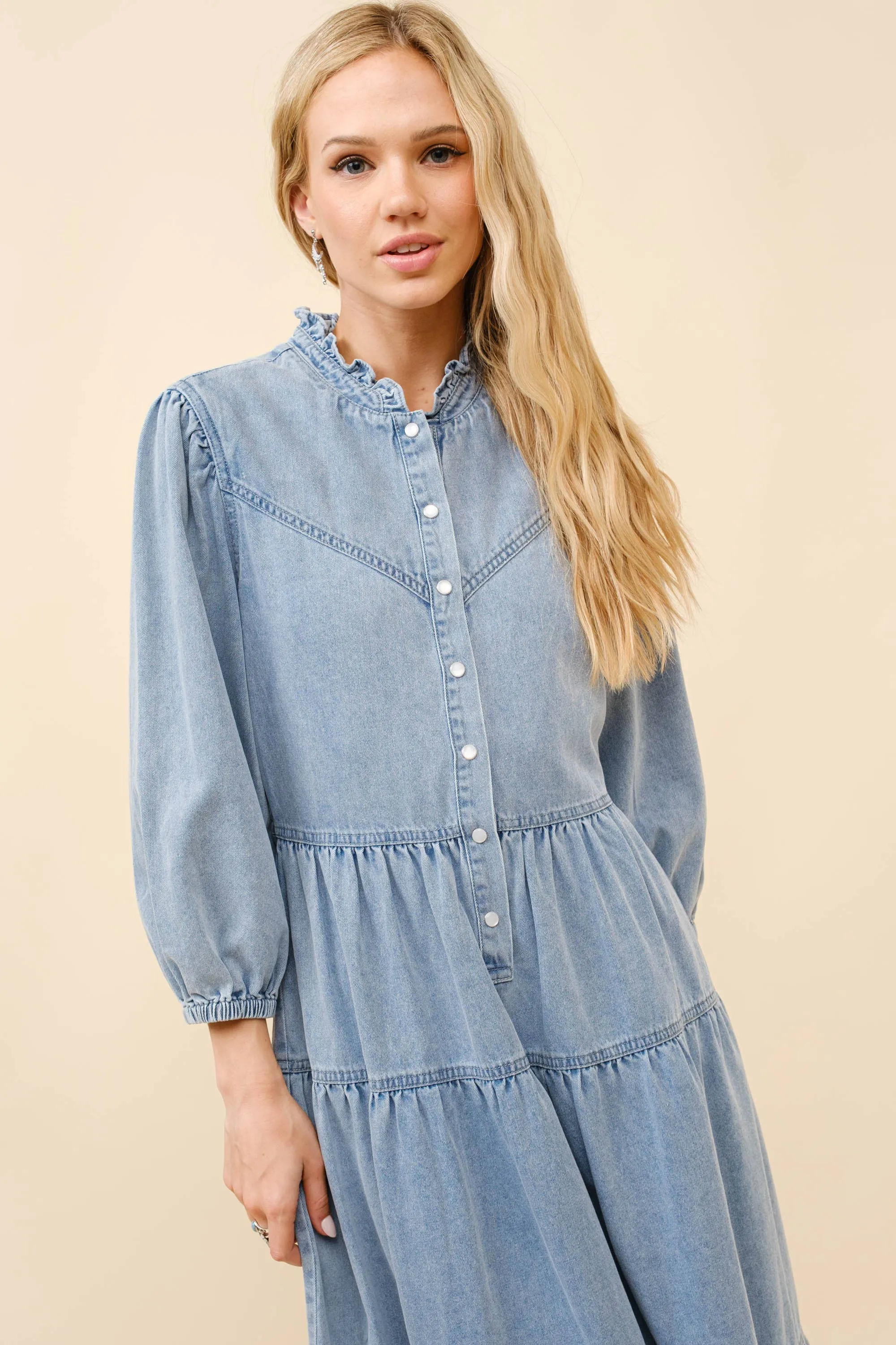 Garment Washed Chevron Yoke Midi Denim Dress