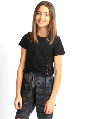 Girls Black Lace-Up Fitted Top