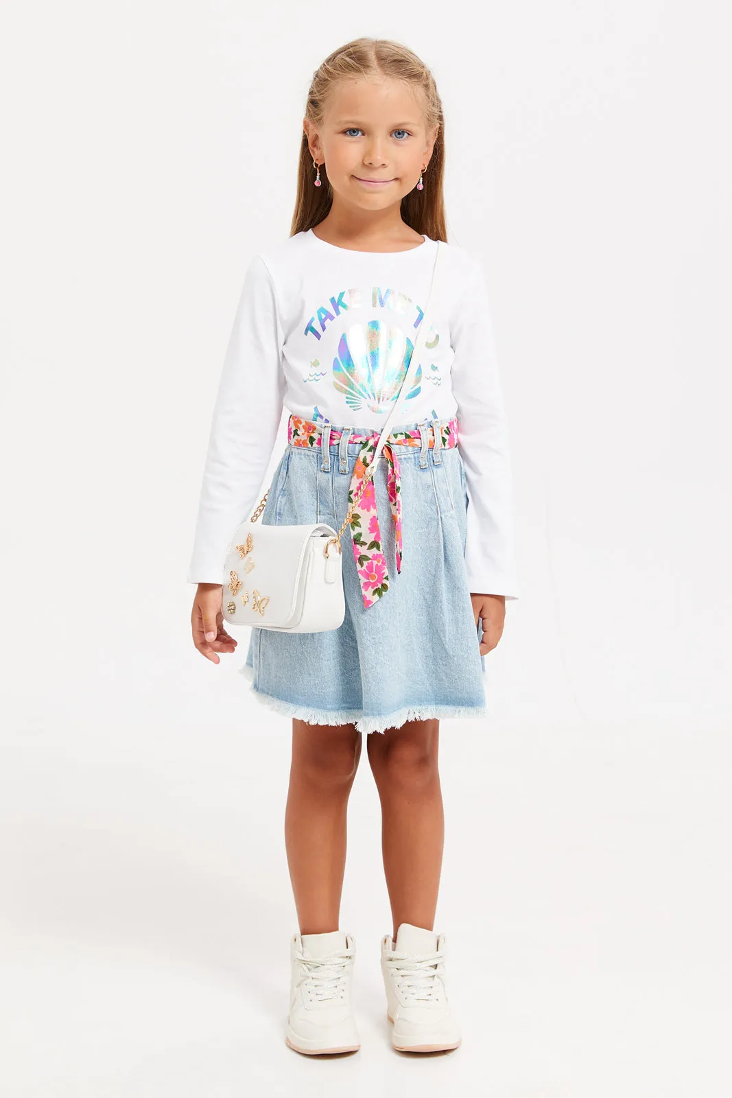 Girls Blue Pleated Denim Skirt With Belt