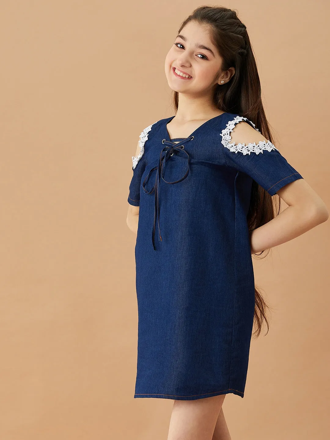 Girls Tie-Up Neck Cold-Shoulder Sleeves Denim A-Line Dress - Ps Peaches