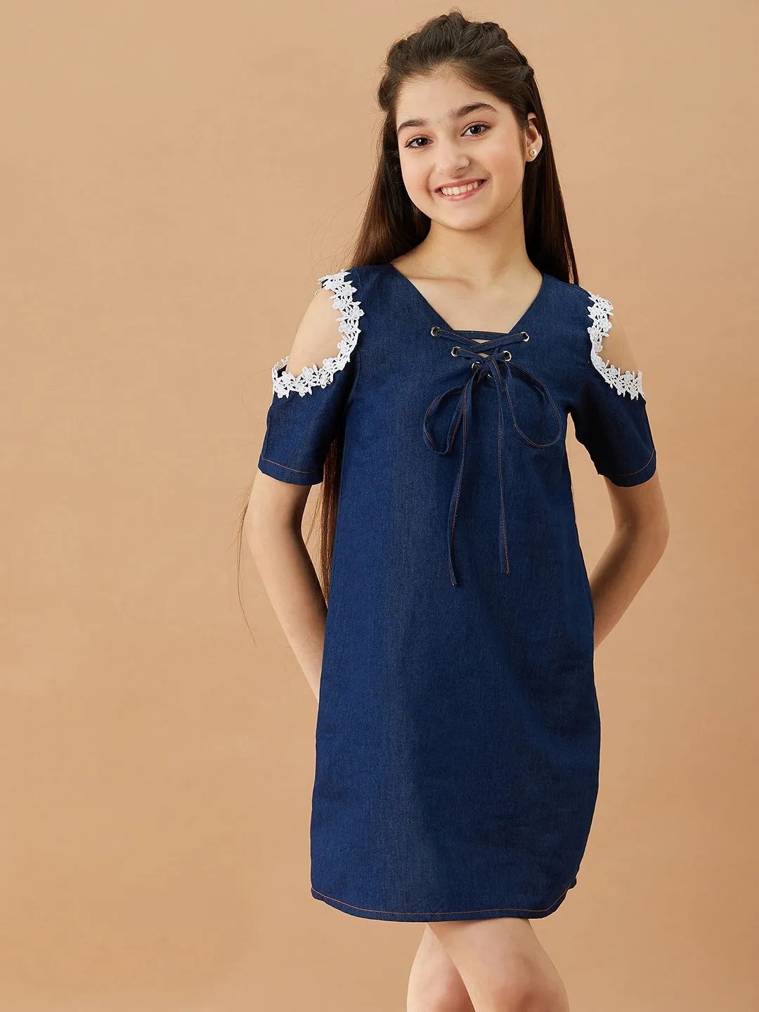 Girls Tie-Up Neck Cold-Shoulder Sleeves Denim A-Line Dress - Ps Peaches