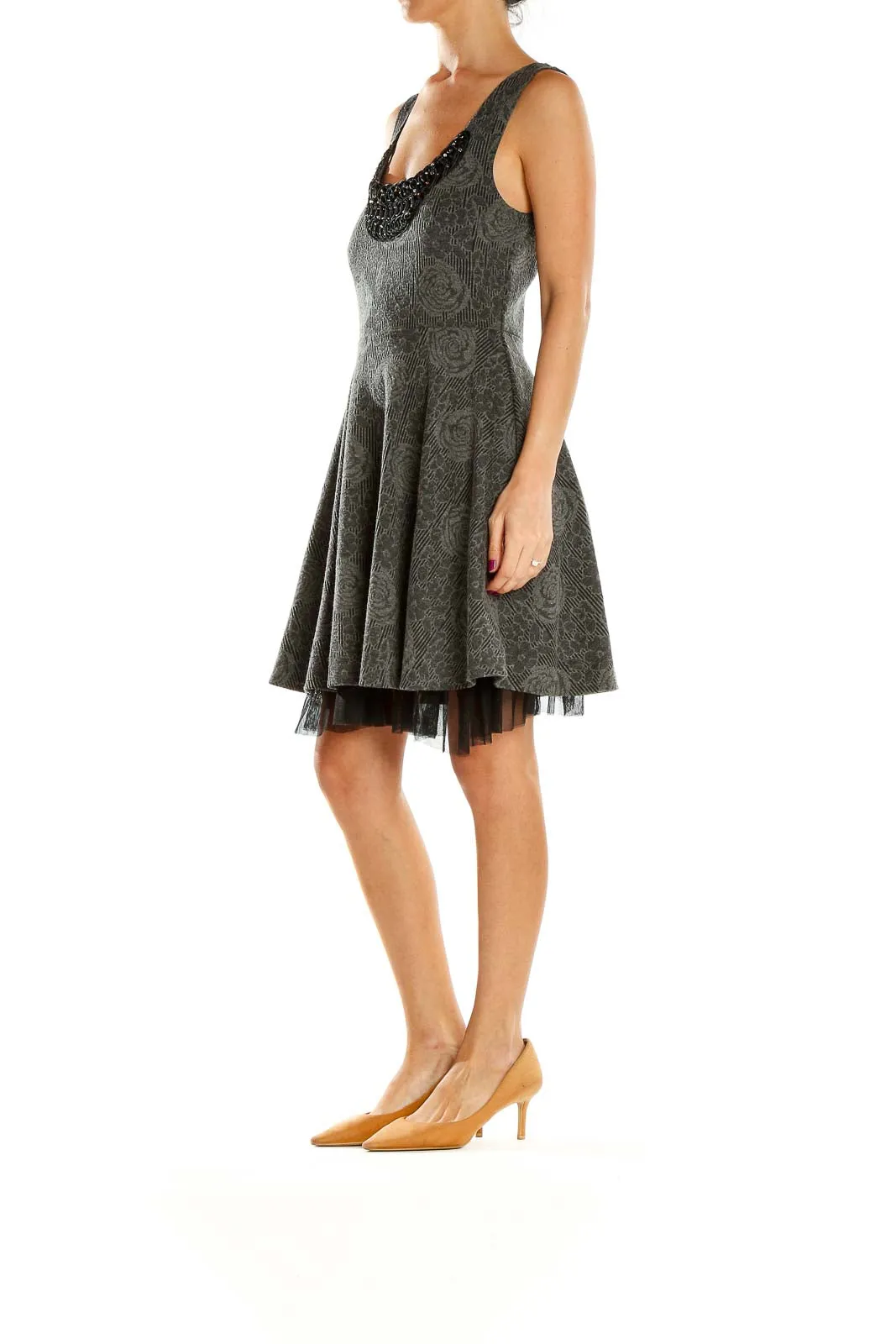 Gray Floral Embossed Fit-and-Flare Dress