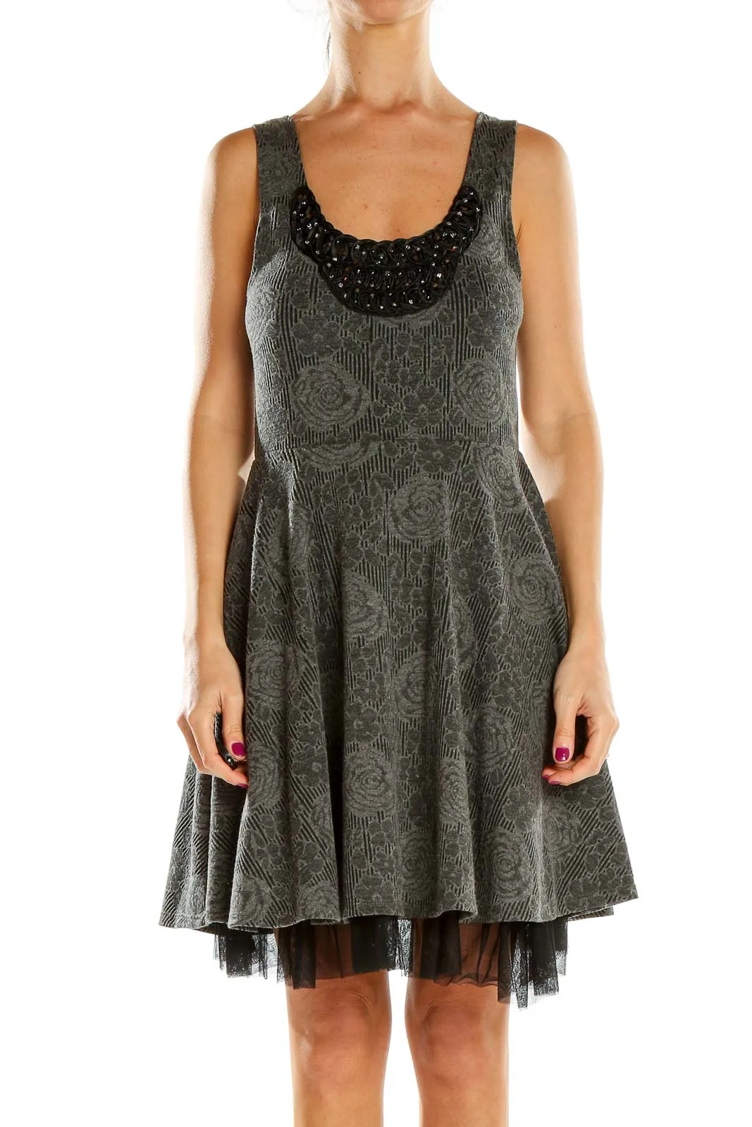 Gray Floral Embossed Fit-and-Flare Dress