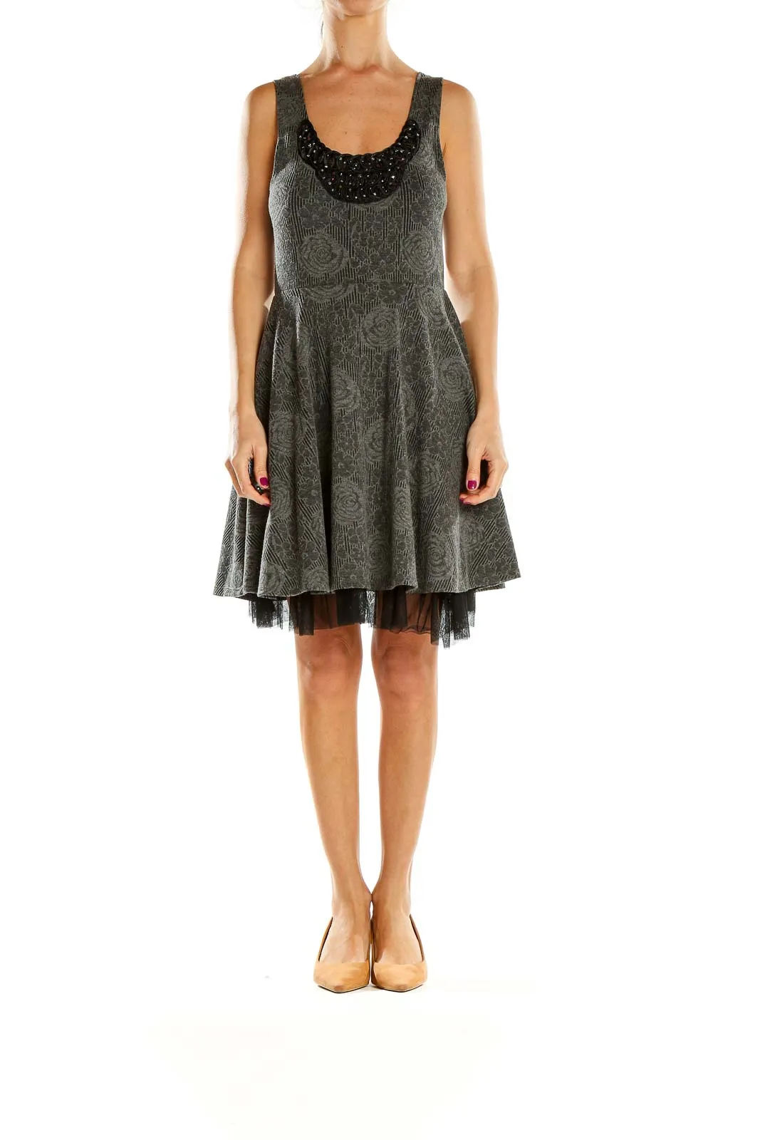 Gray Floral Embossed Fit-and-Flare Dress