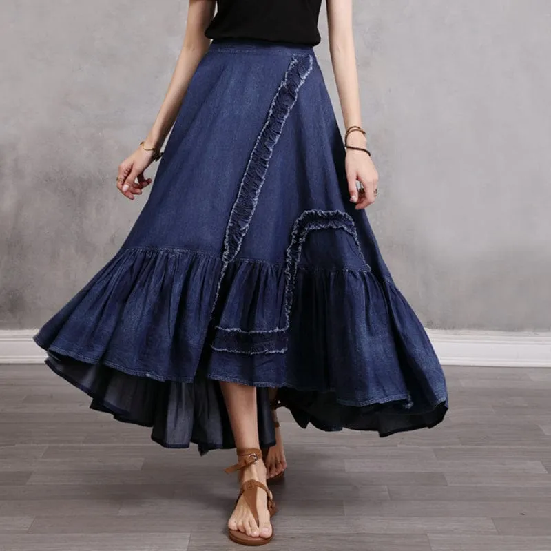 Gypsy Style Patchwork Pleated Denim Skirt