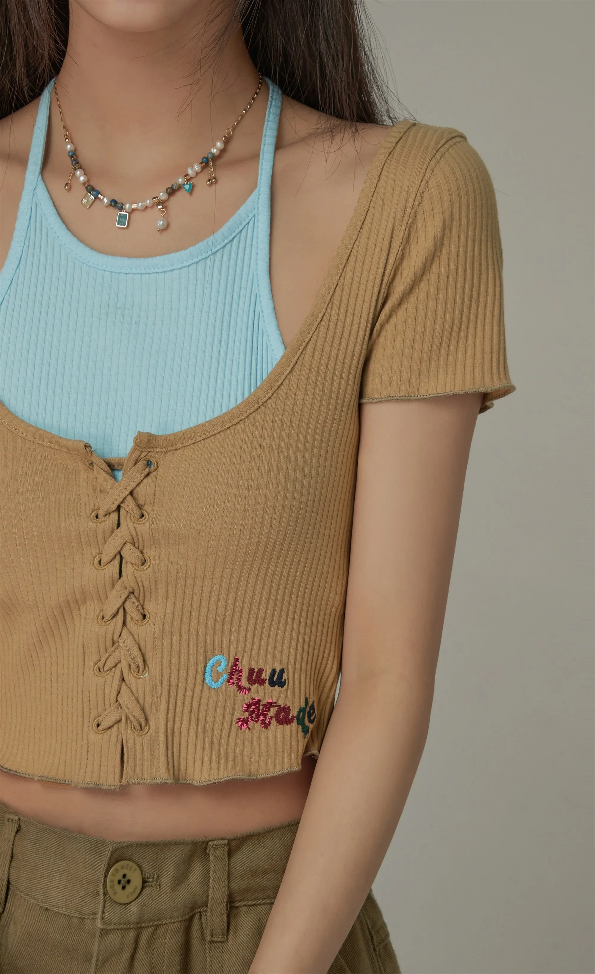 Halter Neck Eyelet Color Blocked T-Shirt