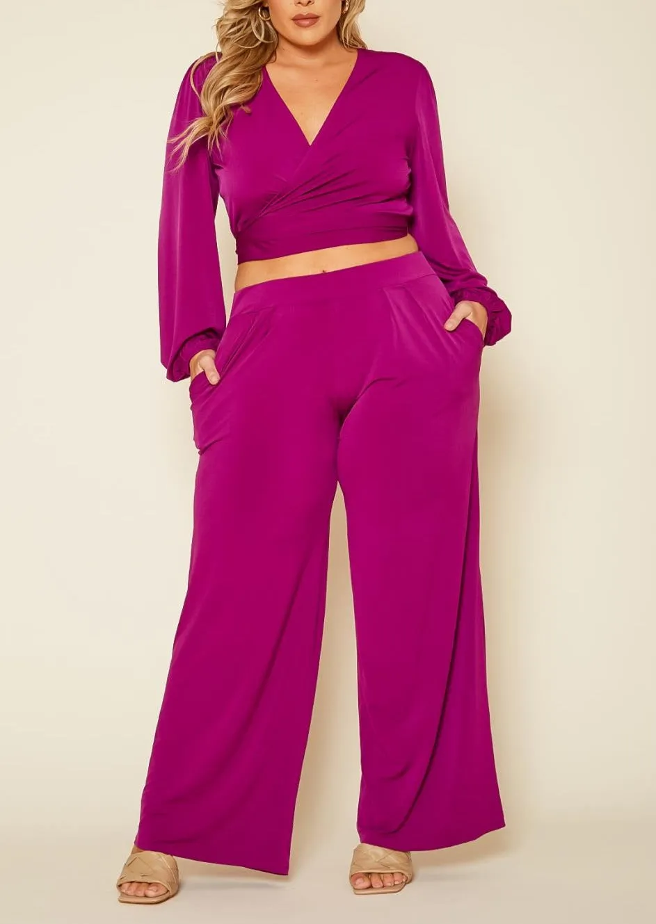 HI Curvy Plus Size Women Wrap Crop Top & Wide Pants Set