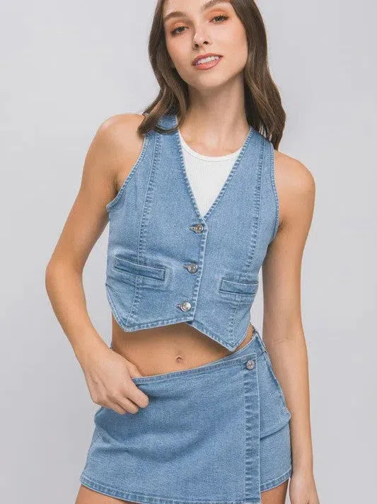 In Denim We Trust Buttoned Denim Vest Top