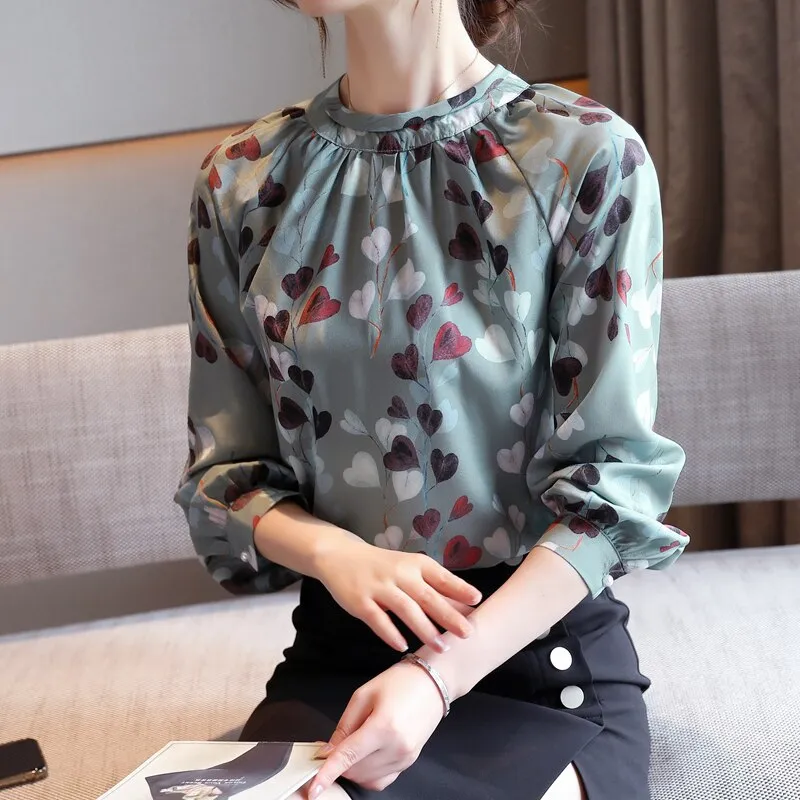 Joskaa Christmas Gift Green Silk Chiffon Blouses Women Print Shirts Casual Sweet Autumn 2024 Womens Tops and Blouses Long Sleeve Shirt Blusas 10741