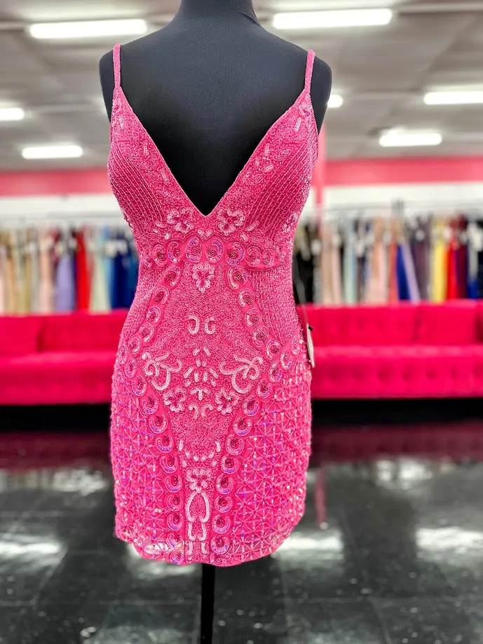 Jovani 36425 Size 8 Hot Pink Short Cocktail Dress Sequin Beaded V Neck Formal Evening Cocktail Gown