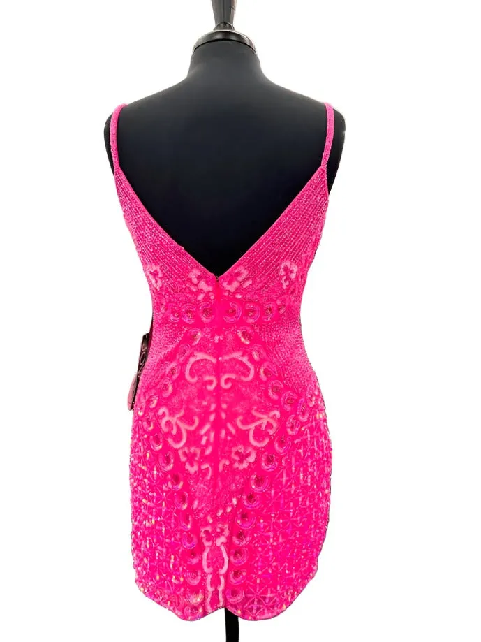 Jovani 36425 Size 8 Hot Pink Short Cocktail Dress Sequin Beaded V Neck Formal Evening Cocktail Gown