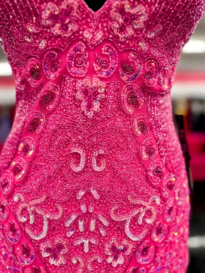 Jovani 36425 Size 8 Hot Pink Short Cocktail Dress Sequin Beaded V Neck Formal Evening Cocktail Gown