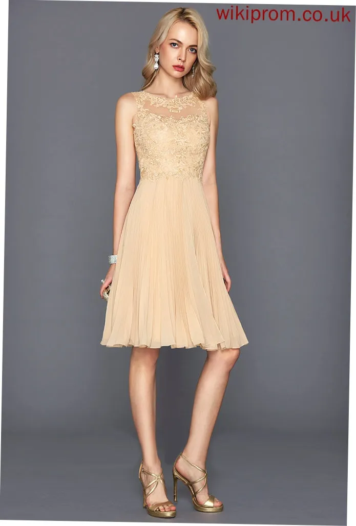 Knee-Length Cocktail Pleated With Dress Scoop Chiffon Lace Neck Cocktail Dresses A-Line Kadence