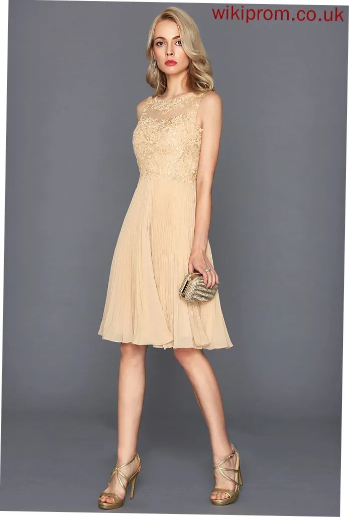 Knee-Length Cocktail Pleated With Dress Scoop Chiffon Lace Neck Cocktail Dresses A-Line Kadence