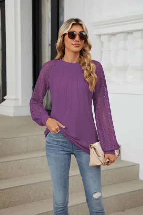 Lace Splicing Crew Neck Long Sleeve Loose T-Shirt