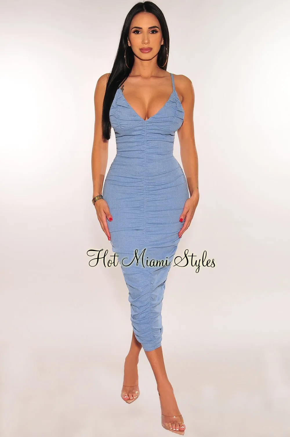 Light Denim Spaghetti Strap V Cut Ruched Dress