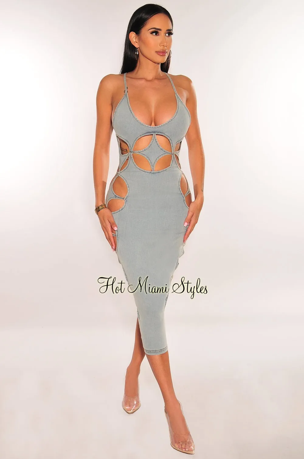 Light Denim Spaghetti Straps Cut Out Dress