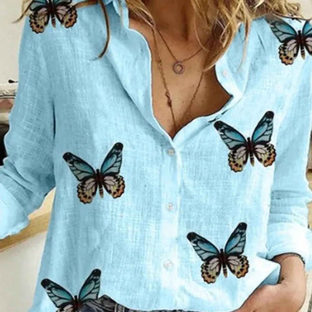 Long Sleeve Butterflies Print Single-breasted Office Shirt Blouse