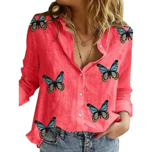 Long Sleeve Butterflies Print Single-breasted Office Shirt Blouse