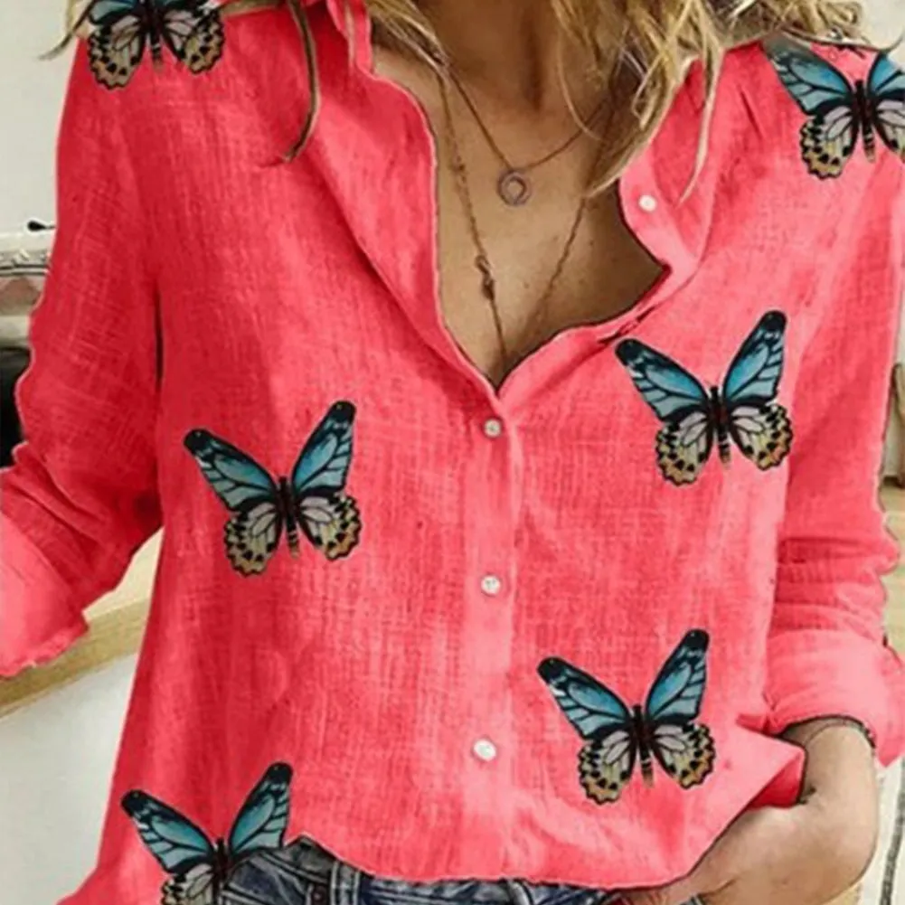 Long Sleeve Butterflies Print Single-breasted Office Shirt Blouse