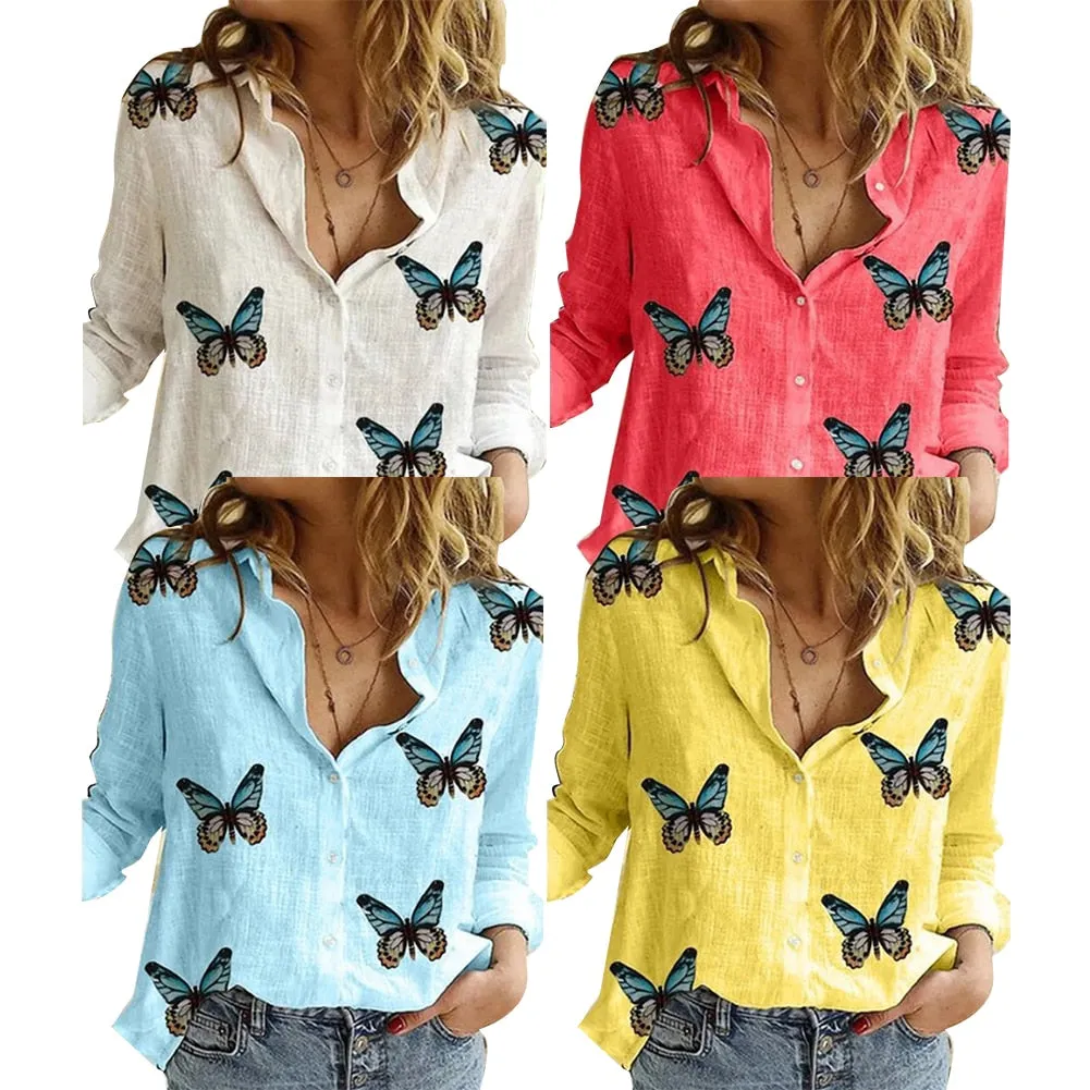 Long Sleeve Butterflies Print Single-breasted Office Shirt Blouse