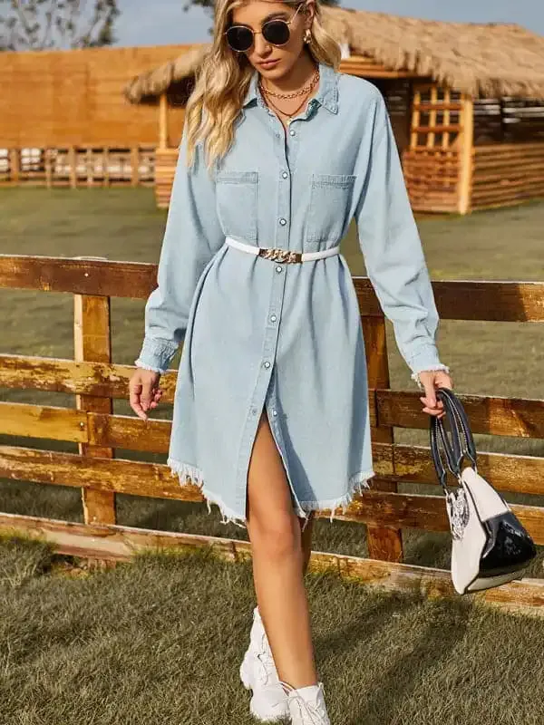 New Retro Washed Denim Loose Casual Long Sleeve Raw Edge Dress