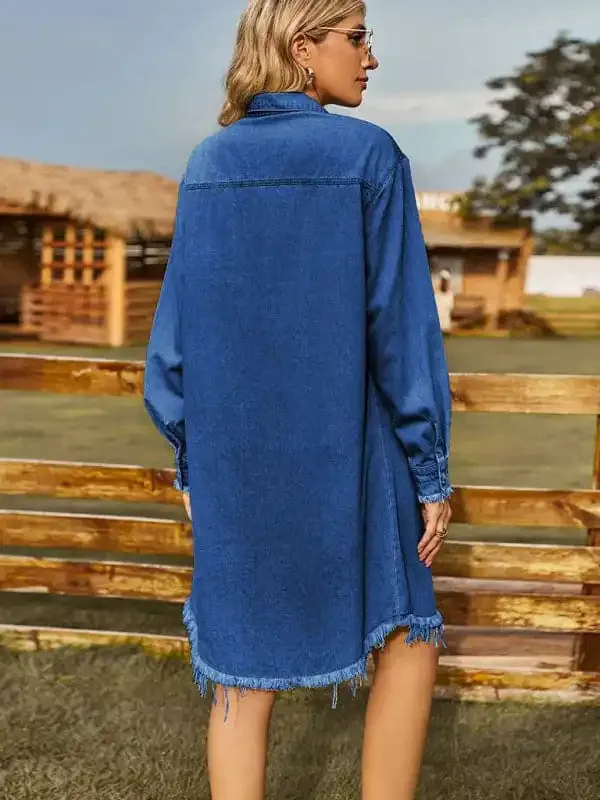 New Retro Washed Denim Loose Casual Long Sleeve Raw Edge Dress