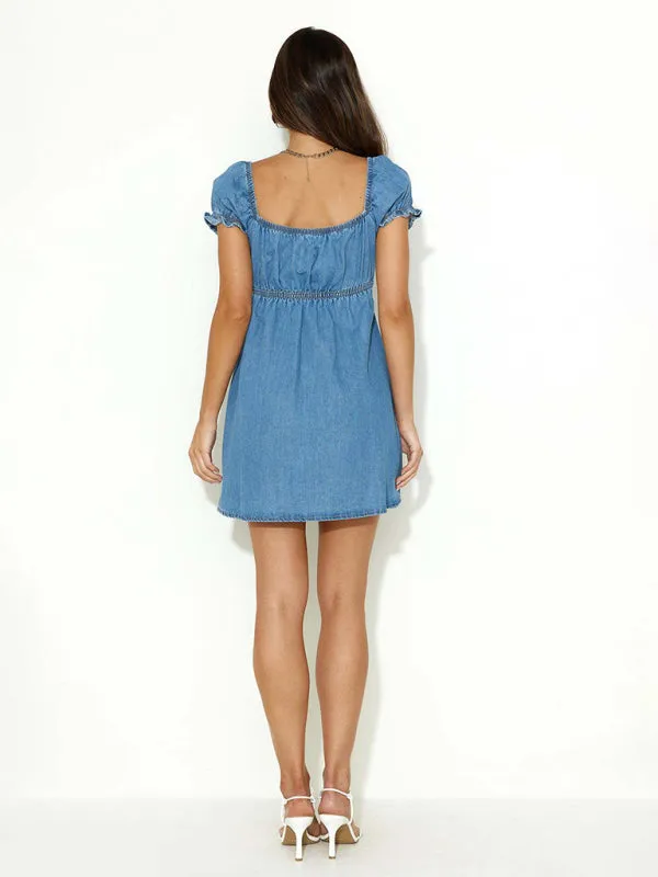 New Women's Denim Dress with Hollow Ties and Puff Sleeves