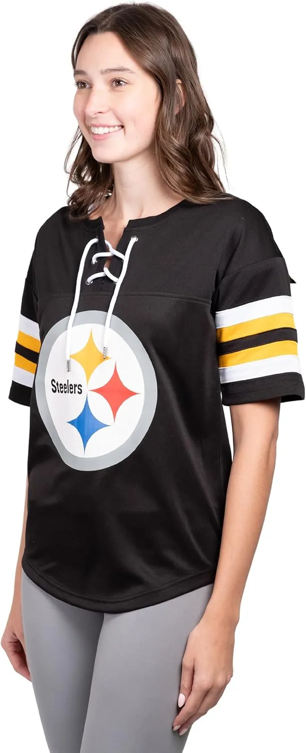 NFL Womens Standard Lace Up Tee Shirt Penalty Box|Pittsburgh Steelers