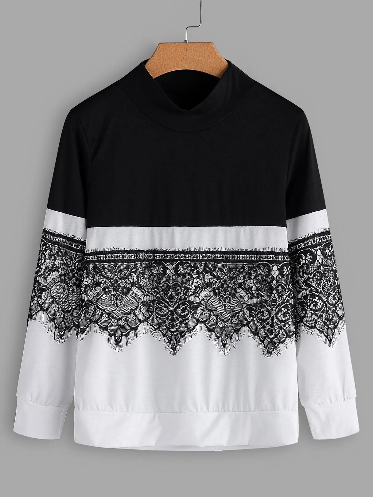 OEM ODM Perkins Collar Lace Long Sleeve Black T-Shirts