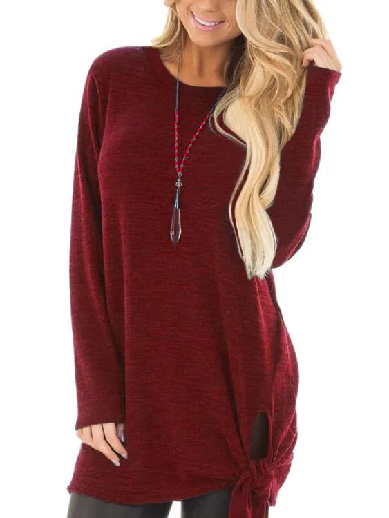 OEM ODM Round Neck Lace-Up Long Sleeve Slit Hem Burgundy T-Shirts