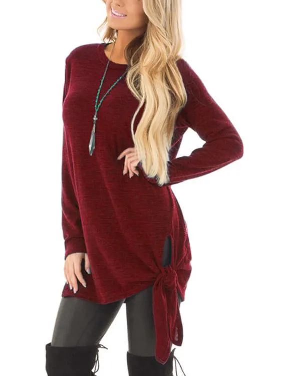 OEM ODM Round Neck Lace-Up Long Sleeve Slit Hem Burgundy T-Shirts