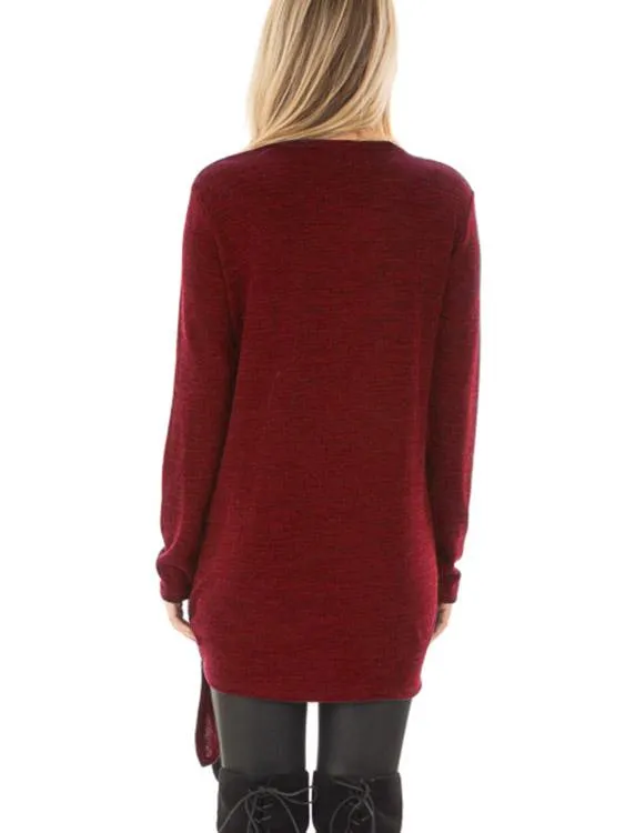 OEM ODM Round Neck Lace-Up Long Sleeve Slit Hem Burgundy T-Shirts