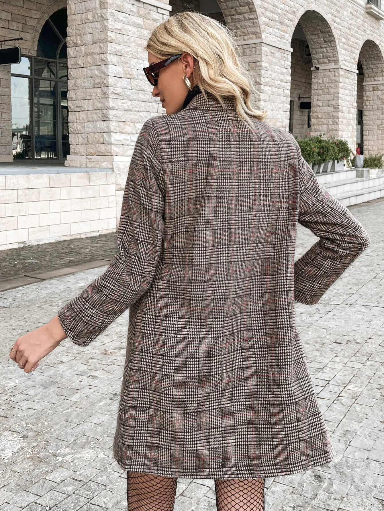 Plaid Lapel Neck Double Breasted Overcoat