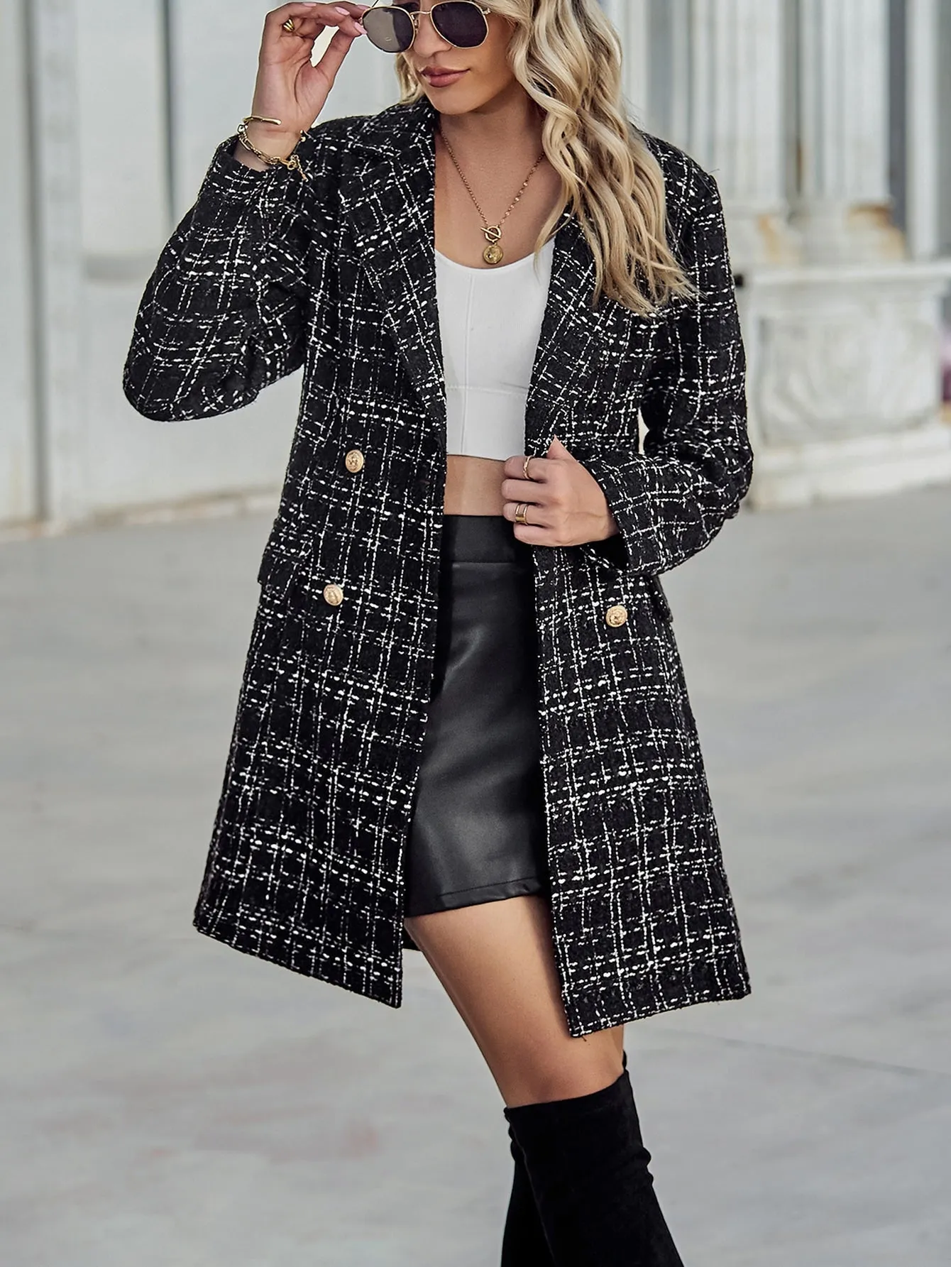 Plaid Pattern Double Breasted Tweed Overcoat