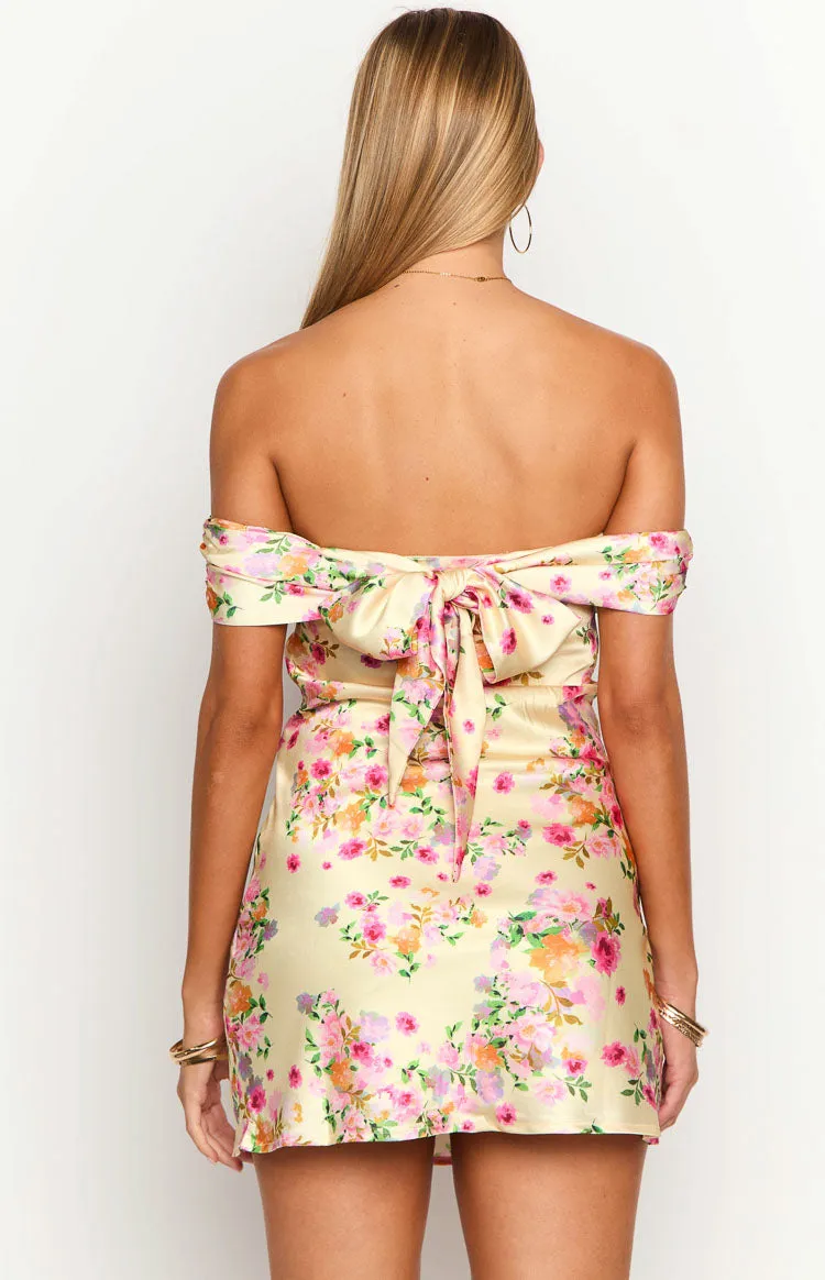 Primrose Yellow Bloom Off the Shoulder Mini Dress