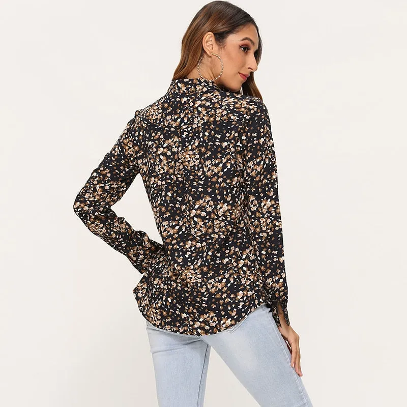 Printed Blouse Women Leisure Turn down Collar