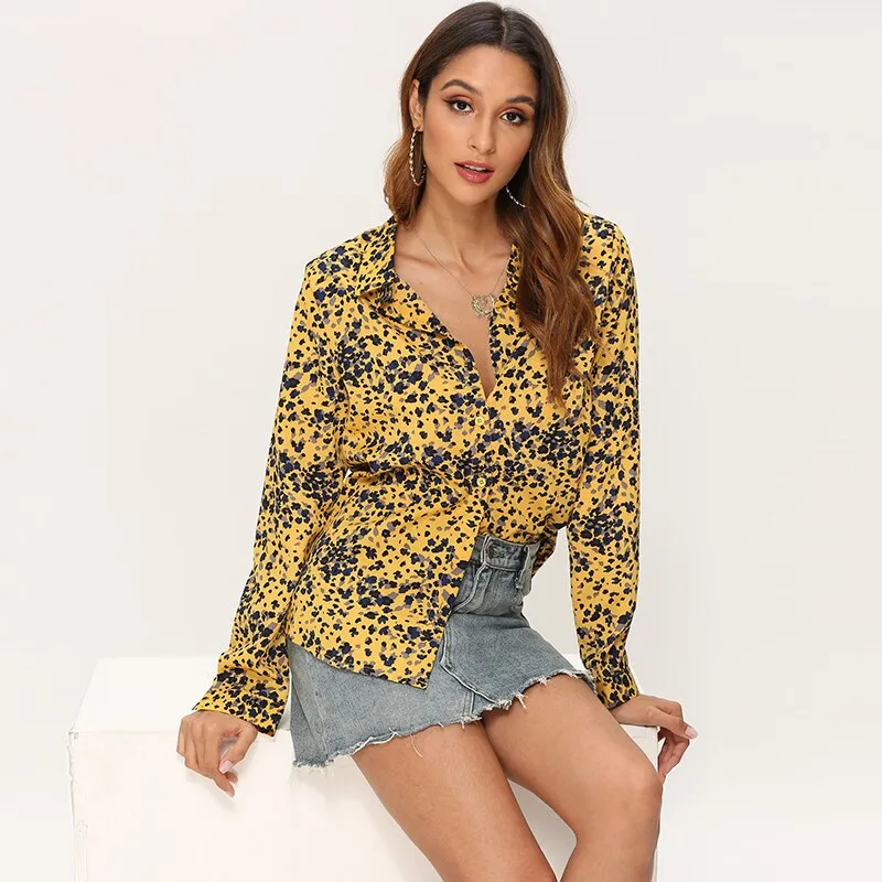 Printed Blouse Women Leisure Turn down Collar