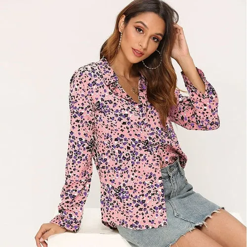 Printed Blouse Women Leisure Turn down Collar