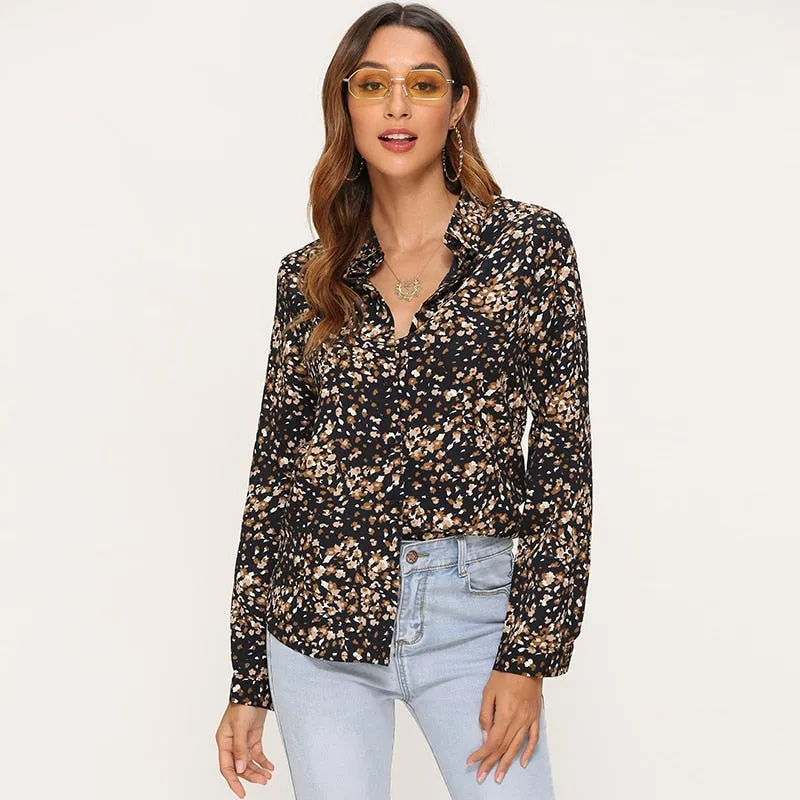 Printed Blouse Women Leisure Turn down Collar