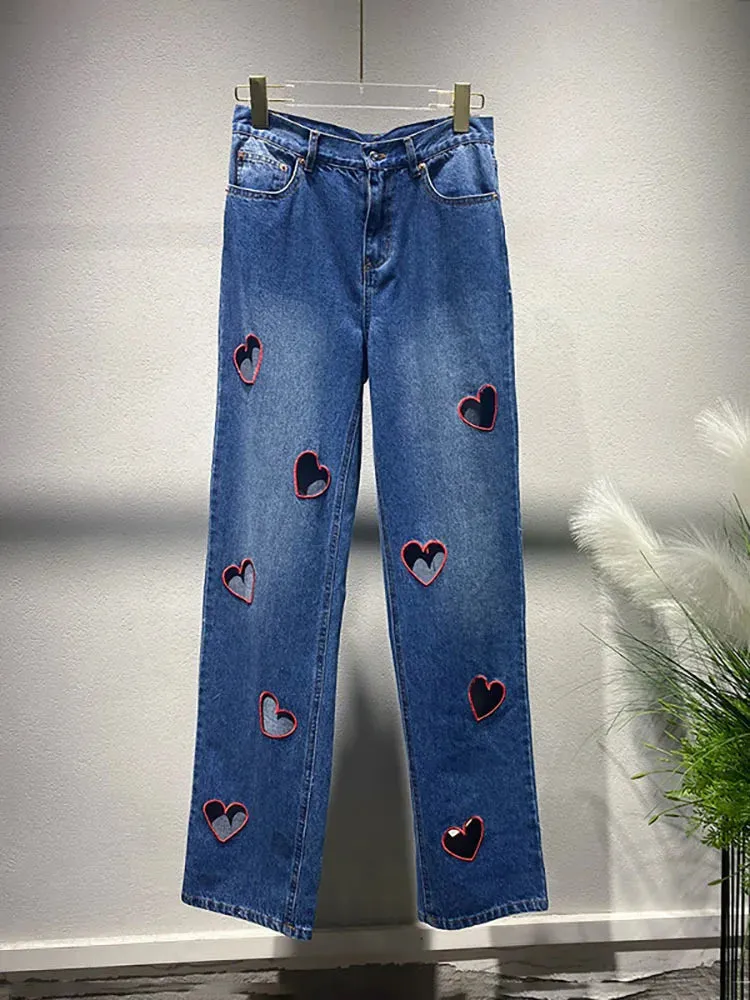 Relaxed Fit Hearts Embroidery Mid Rise Denim Jeans