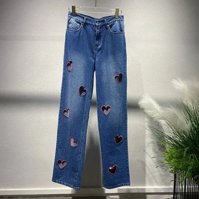 Relaxed Fit Hearts Embroidery Mid Rise Denim Jeans