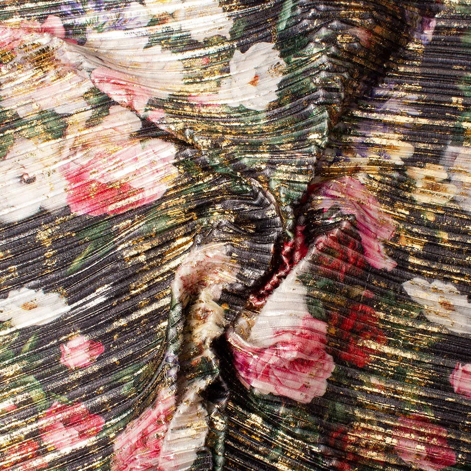 Rose Printed Laminated Plissé Poly Velvet